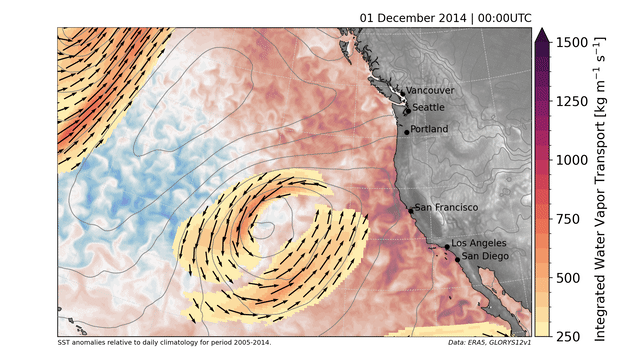 Atmospheric rivers propagating over warm SST anomalies in December 2014.